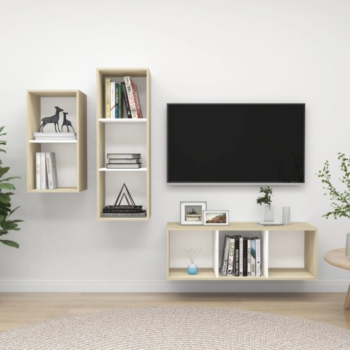 Set Porta TV 3 pz Bianco e Rovere Sonoma in Truciolato