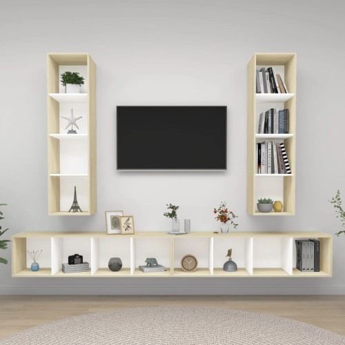 Mobile TV a Parete 4 pz Bianco e Rovere Sonoma in Truciolato