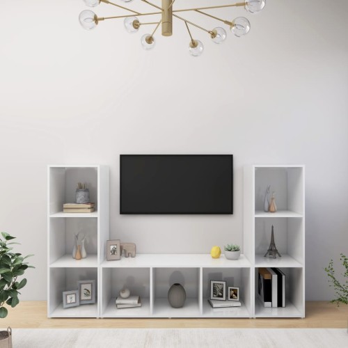 Mobili Porta TV 3 pz Bianco Lucido 107x35x37 cm in Truciolato