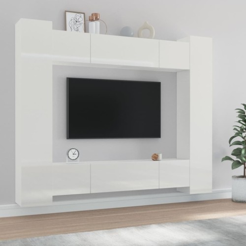 Set Mobili Porta TV 8pz Bianco Lucido in Legno Multistrato