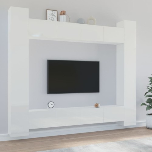 Set Mobili Porta TV 8pz Bianco Lucido in Legno Multistrato