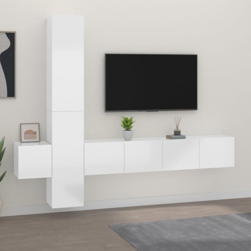 Set di Mobili Porta TV 5 pz Bianco Lucido in Legno Multistrato