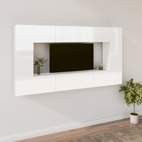 Set Mobili Porta TV 8pz Bianco Lucido in Legno Multistrato