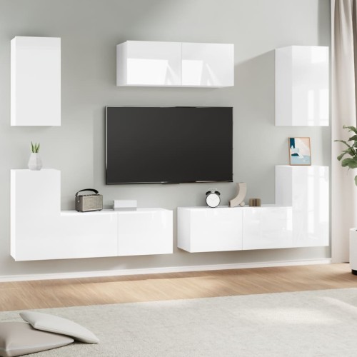 Set di Mobili Porta TV 7 pz Bianco Lucido in Legno Multistrato