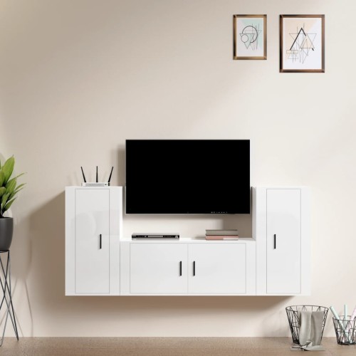 Set Mobili Porta TV 3 pz Bianco Lucido in Legno Multistrato