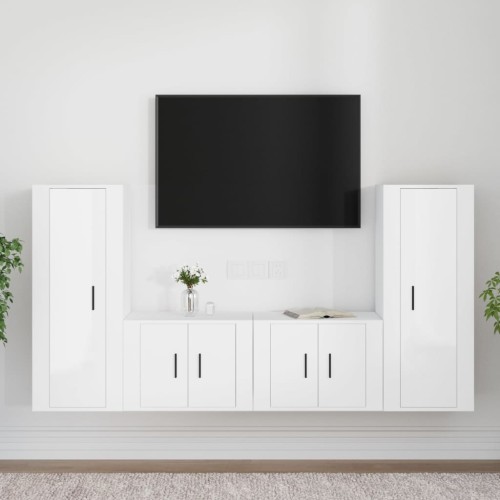 Set di Mobili Porta TV 4 pz Bianco Lucido in Legno Multistrato