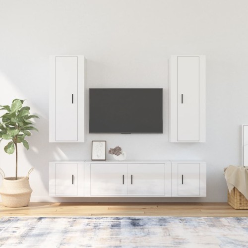 Set di Mobili Porta TV 5 pz Bianco Lucido in Legno Multistrato