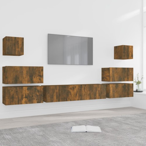 Set Mobili Porta TV 8pz Rovere Fumo in Legno Multistrato