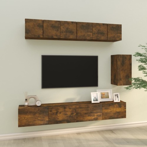 Set di Mobili Porta TV 6 pz Rovere Fumo in Legno Multistrato