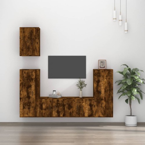 Set di Mobili Porta TV 5 pz Rovere Fumo in Legno Multistrato