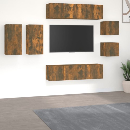 Set Mobili Porta TV 8pz Rovere Fumo in Legno Multistrato