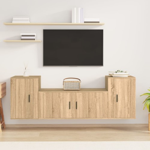 Set di Mobili Porta TV 3 pz Rovere Sonoma in Legno Multistrato