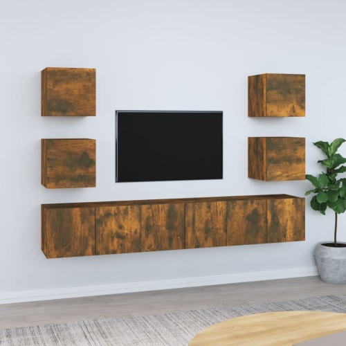 Set di Mobili Porta TV 7 pz Rovere Fumo in Legno Multistrato