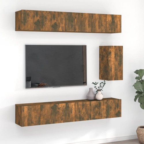 Set di Mobili Porta TV 7 pz Rovere Fumo in Legno Multistrato