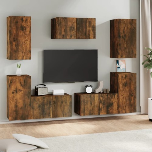 Set di Mobili Porta TV 7 pz Rovere Fumo in Legno Multistrato