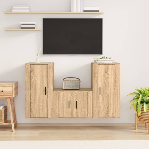 Set di Mobili Porta TV 3 pz Rovere Sonoma in Legno Multistrato