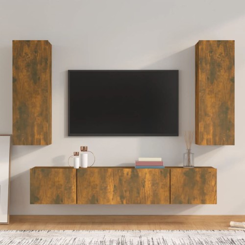 Set di Mobili Porta TV 4 pz Rovere Fumo in Legno Multistrato