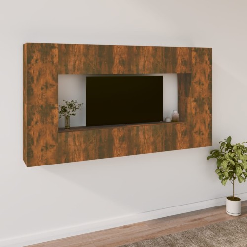 Set Mobili Porta TV 8pz Rovere Fumo in Legno Multistrato