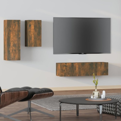 Set di Mobili Porta TV 4 pz Rovere Fumo in Legno Multistrato