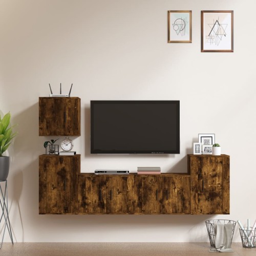 Set di Mobili Porta TV 5 pz Rovere Fumo in Legno Multistrato