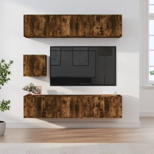 Set di Mobili Porta TV 7 pz Rovere Fumo in Legno Multistrato