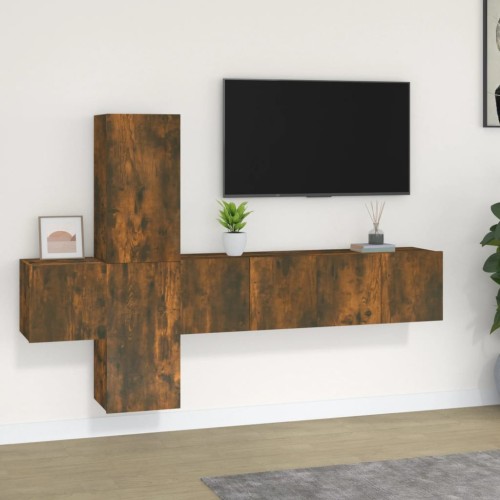 Set di Mobili Porta TV 5 pz Rovere Fumo in Legno Multistrato