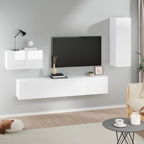 Set di Mobili Porta TV 4 pz Bianco Lucido in Legno Multistrato