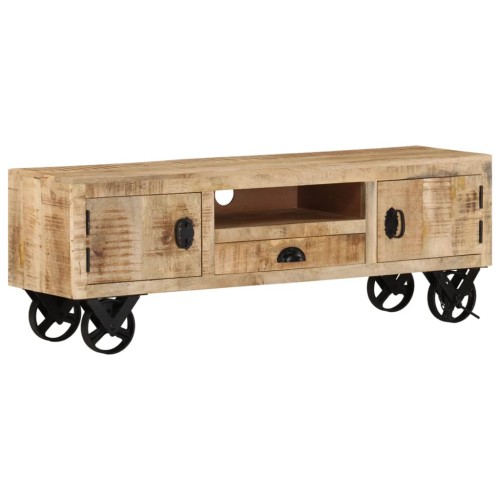 Mobile Porta TV con Ruote 110x30x37 cm in Legno di Mango Grezzo