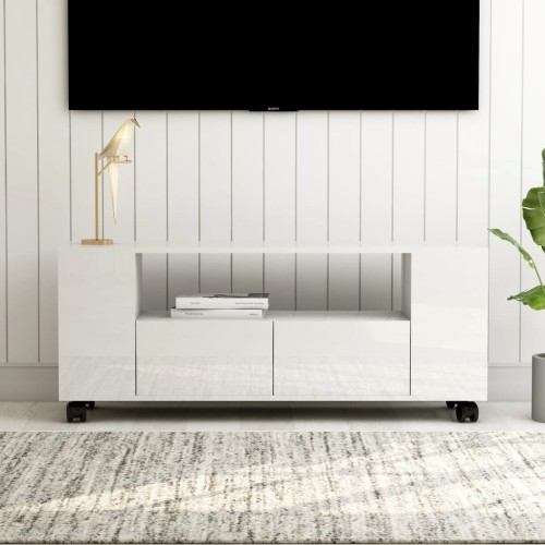 Mobile Porta TV Bianco Lucido 120x35x48 cm in Legno Multistrato