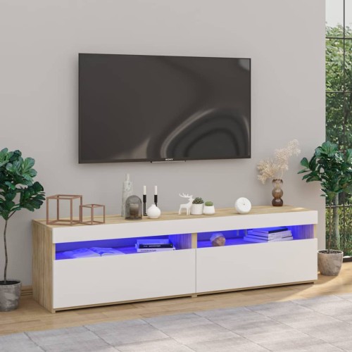 804402  Armadietti TV 2 pz Luci LED Bianco e Sonoma 75x35x40 cm