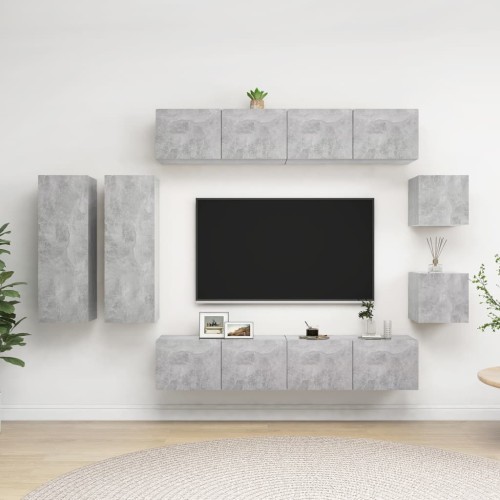 Set Porta TV 8 pz Grigio Cemento in Truciolato