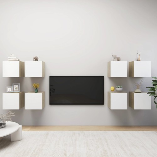 Mobile a Parete per TV 8pz Bianco e Rovere Sonoma 30,5x30x30cm